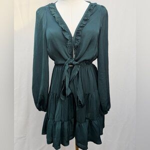 Princess Polly Emerald Green Ruffle Tie Front Mini Dress Long Sleeve US 0